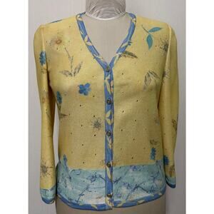 St. John Sport Yellow & Blue Flowers Daisies Vintage Cardigan Size Small